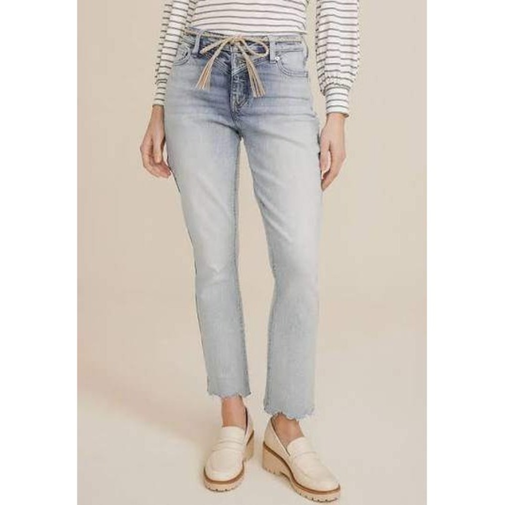 Maurices Women 20W Blue Jeans Kick Boot Ankle High Rise Braided Belt
